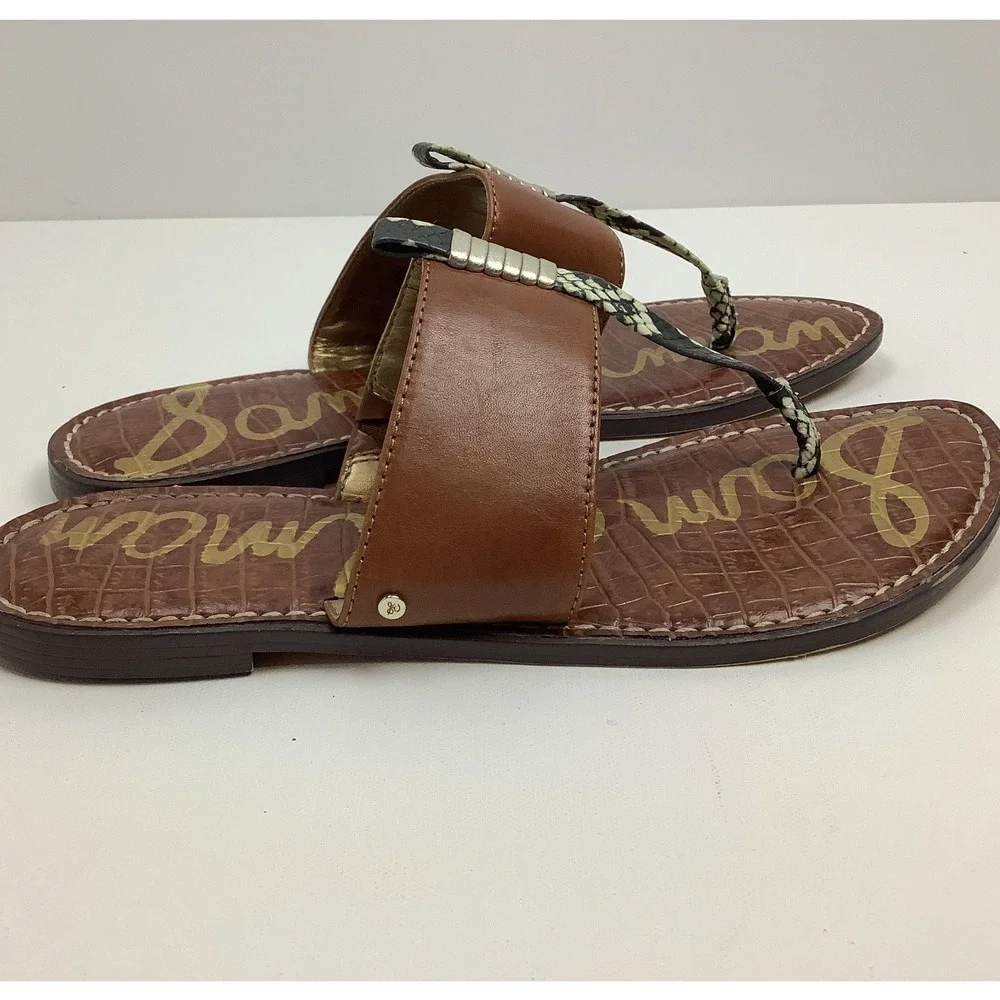 Sam Edelman Kaye Brown Leather Snakeskin Thong Sandals Womens 9.5M Flat Slides